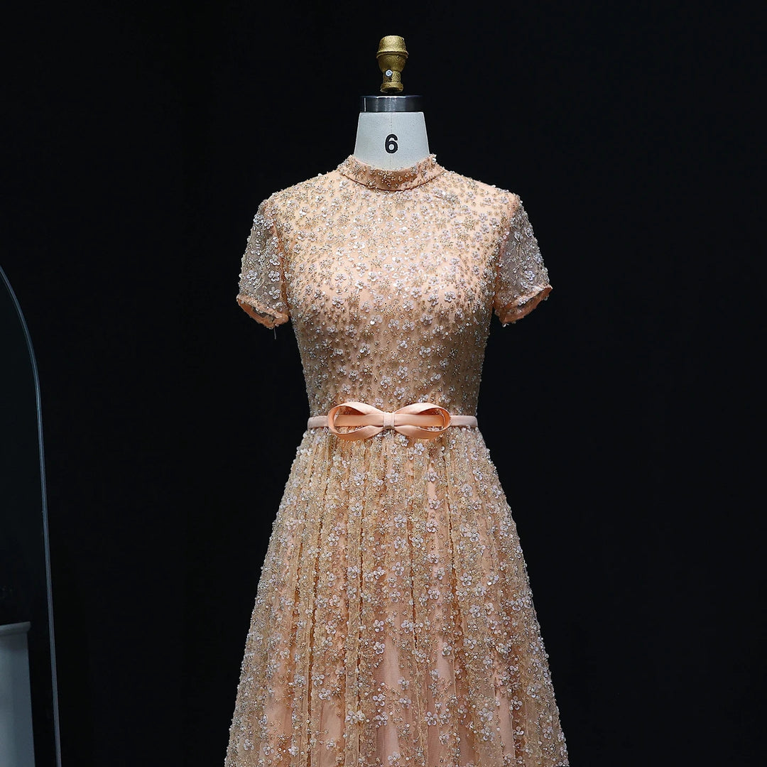 Peach Embroidered Gown with Bow, Beaded Arabic Wedding Dress SS304