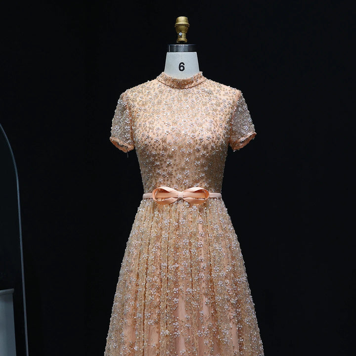 Peach Embroidered Gown with Bow, Beaded Arabic Wedding Dress SS304
