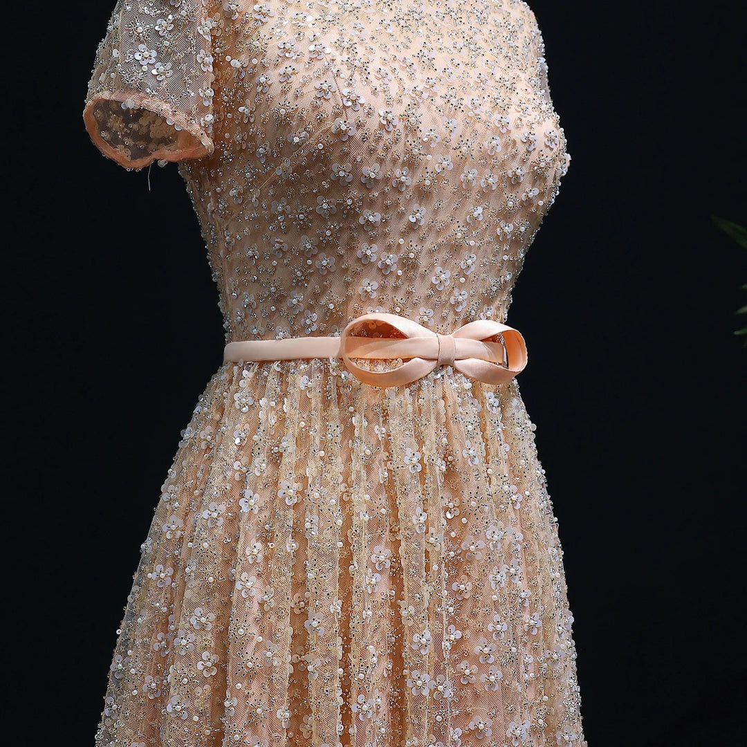 Peach Embroidered Gown with Bow, Beaded Arabic Wedding Dress SS304