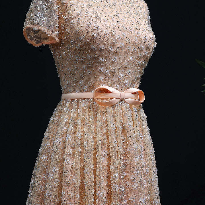 Peach Embroidered Gown with Bow, Beaded Arabic Wedding Dress SS304