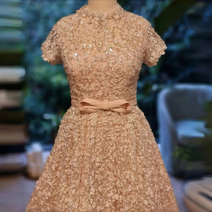 Peach Embroidered Gown with Bow, Beaded Arabic Wedding Dress SS304
