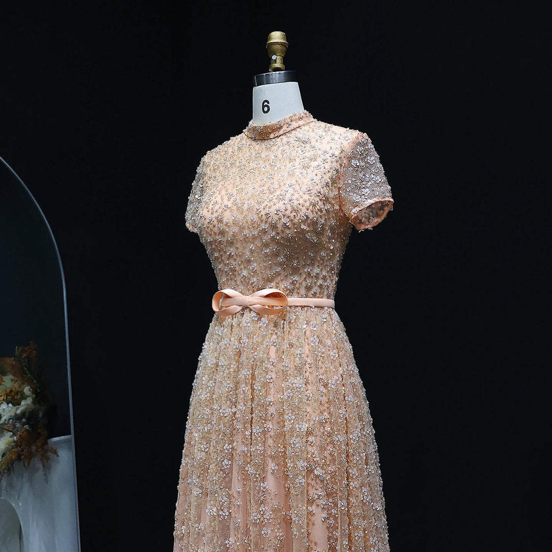 Peach Embroidered Gown with Bow, Beaded Arabic Wedding Dress SS304