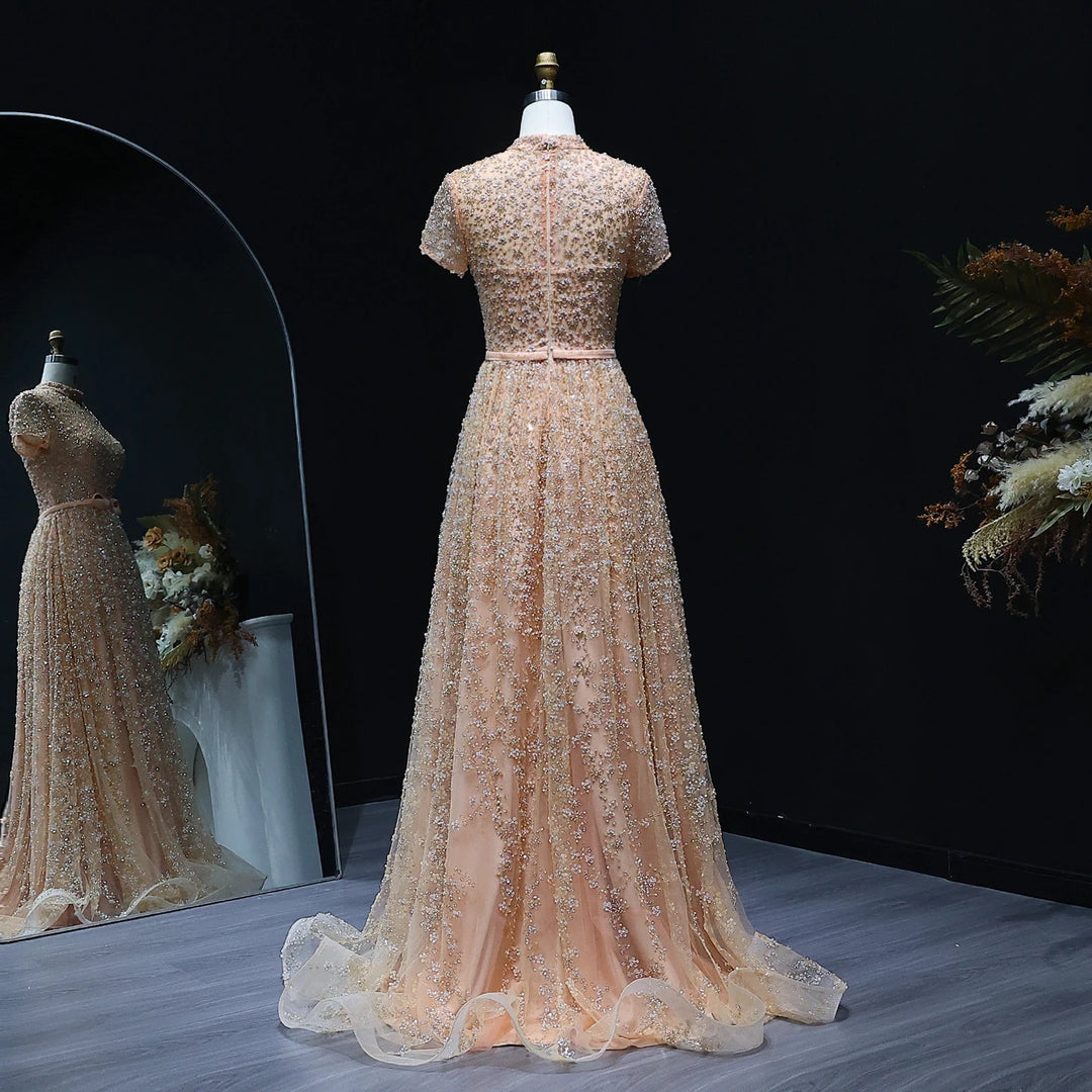 Peach Embroidered Gown with Bow, Beaded Arabic Wedding Dress SS304