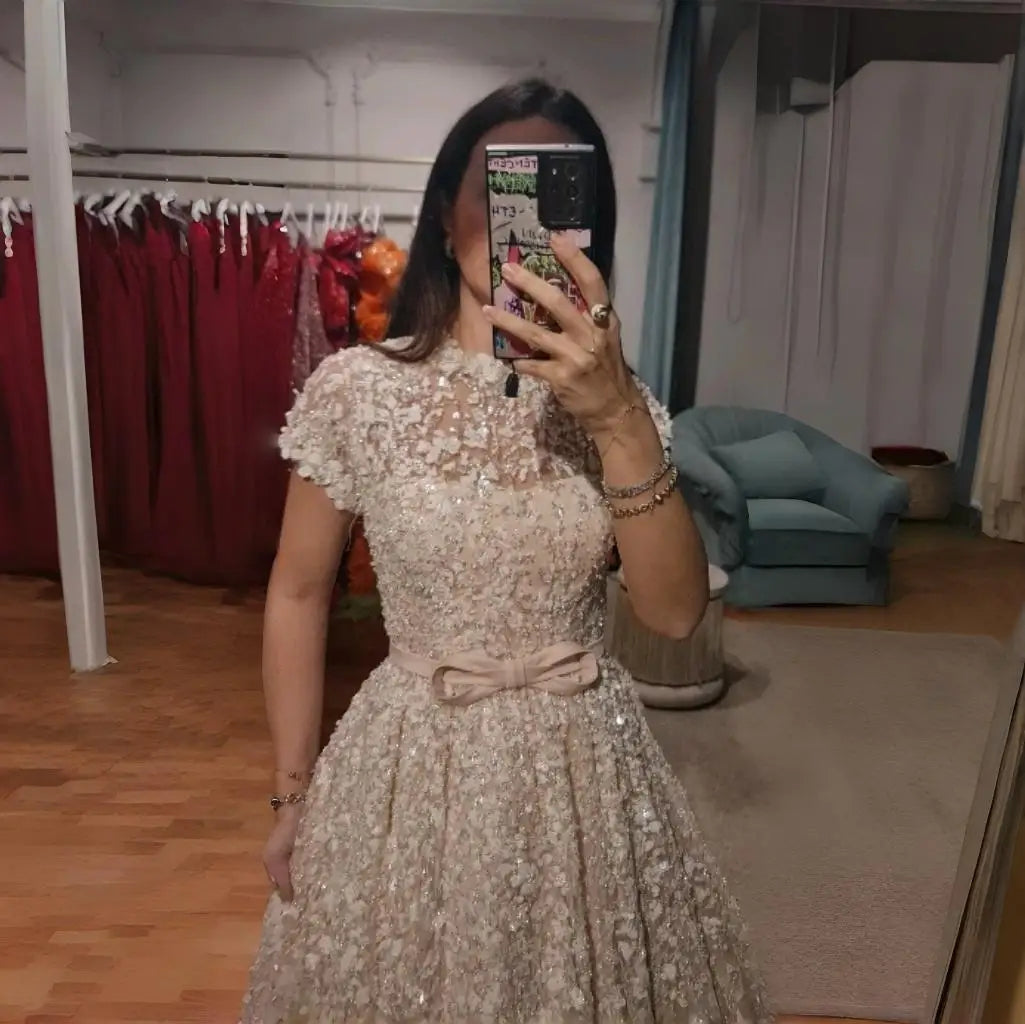 Peach Embroidered Gown with Bow, Beaded Arabic Wedding Dress SS304