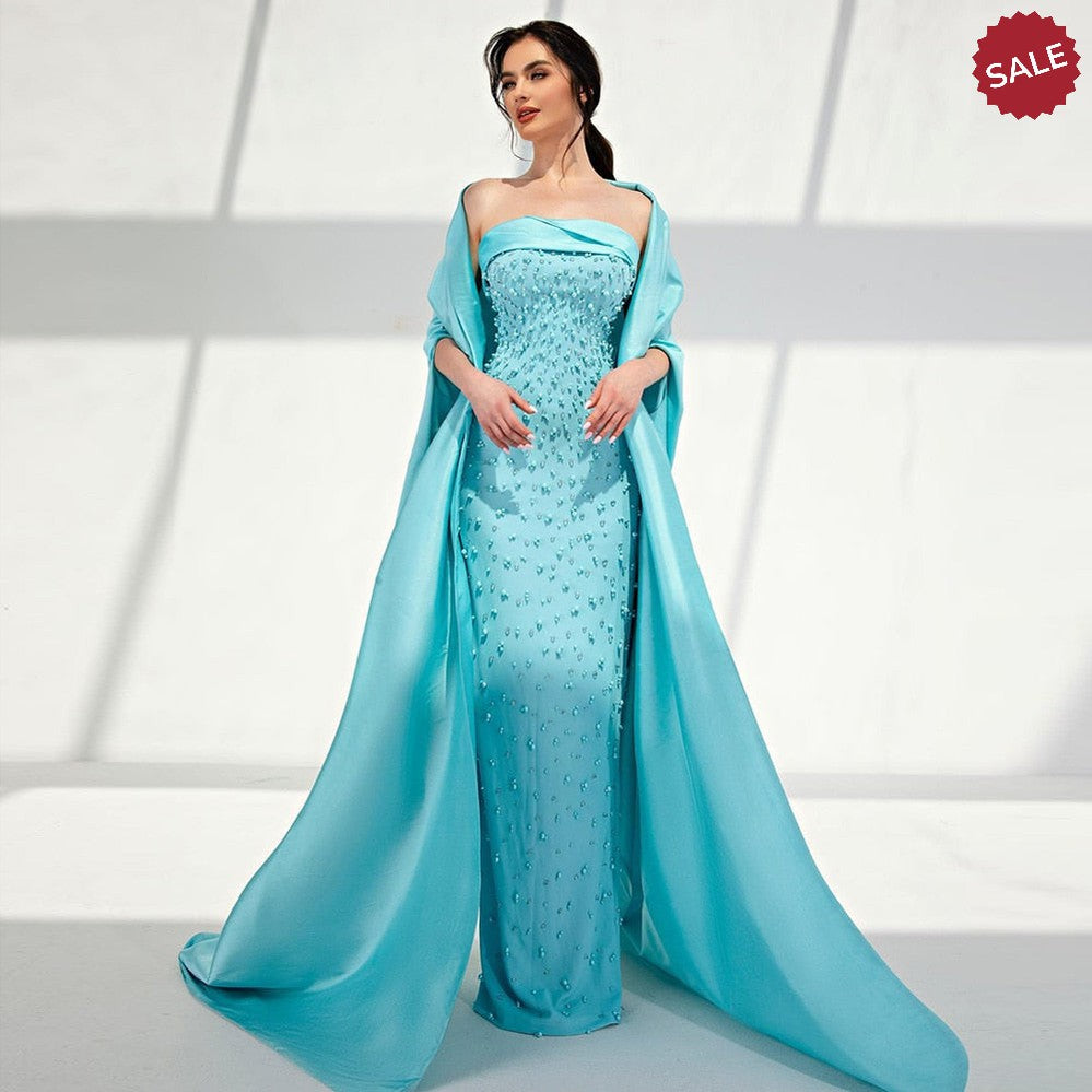 Pearls Mint Green Evening Dresses with Cape SS378