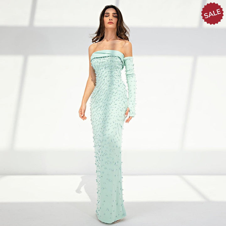 Pearls Mint Green Evening Dresses with Cape SS378