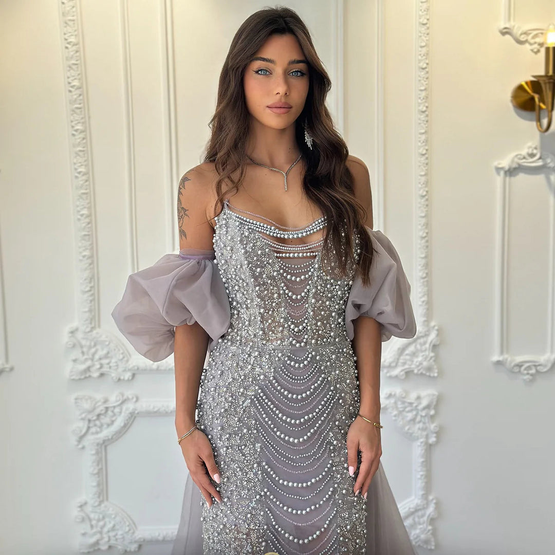 Pearls Purple Mermaid Evening Dress with Cape Sleeves SS289