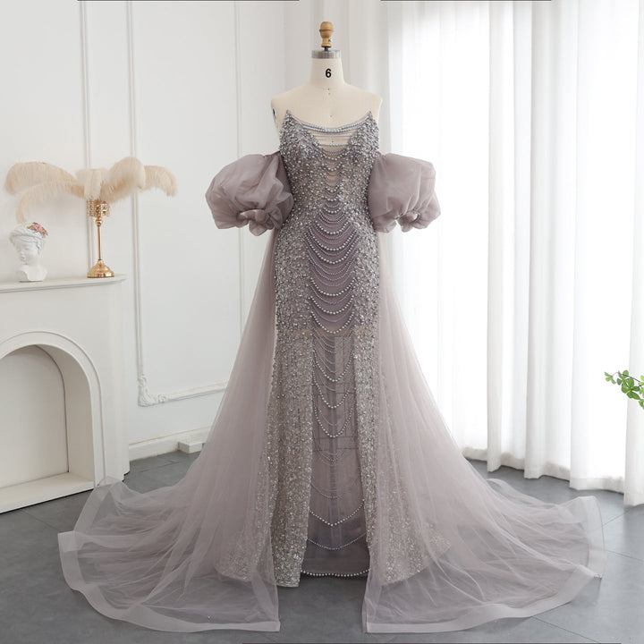 Pearls Purple Mermaid Evening Dress with Cape Sleeves SS289