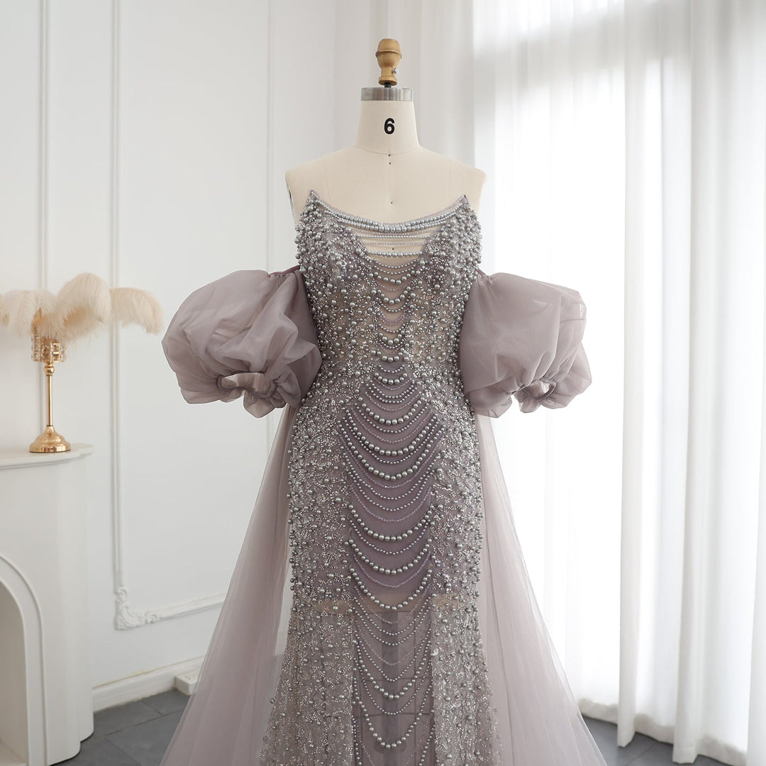 Pearls Purple Mermaid Evening Dress with Cape Sleeves SS289