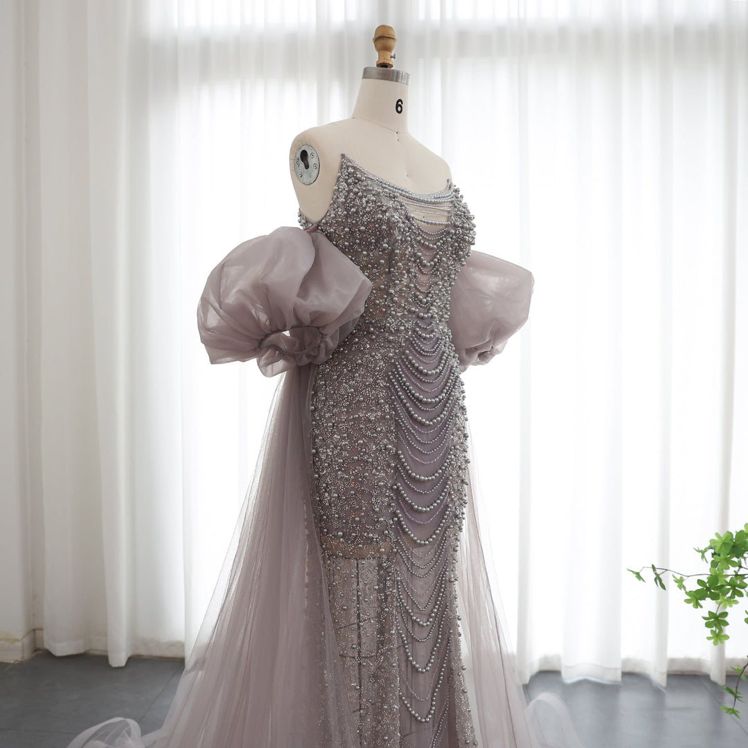 Pearls Purple Mermaid Evening Dress with Cape Sleeves SS289