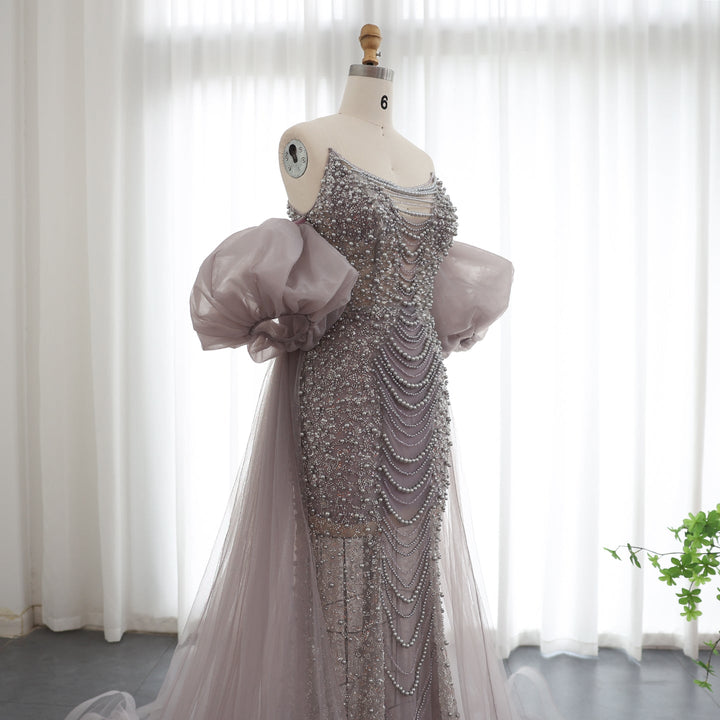 Pearls Purple Mermaid Evening Dress with Cape Sleeves SS289