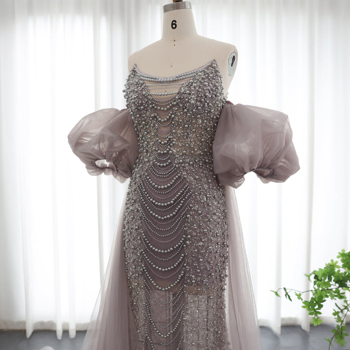 Pearls Purple Mermaid Evening Dress with Cape Sleeves SS289