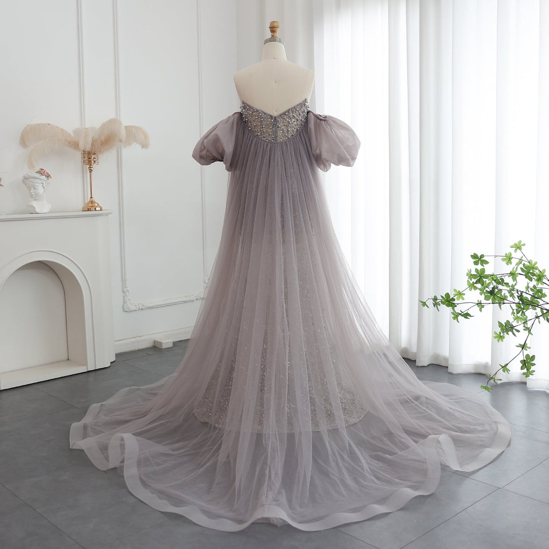 mermaid prom dress with cape Luxury Nude Crystal Beaded Sleeves Evening LA73863 Grey / 4 this dress will make you feel like a glamorous princess. Elegant Ruched Satin Mermaid Prom