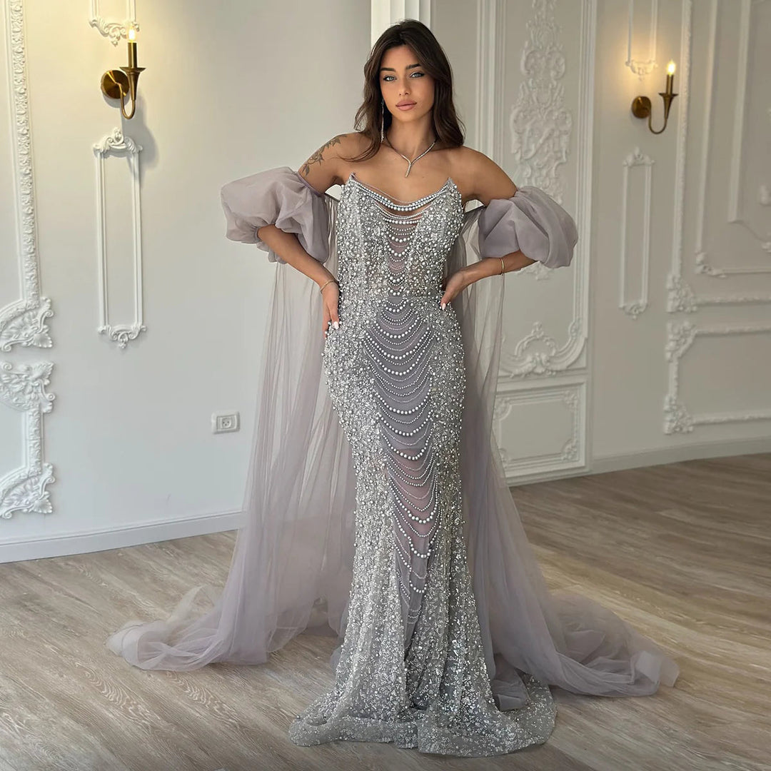 Pearls Purple Mermaid Evening Dress with Cape Sleeves SS289