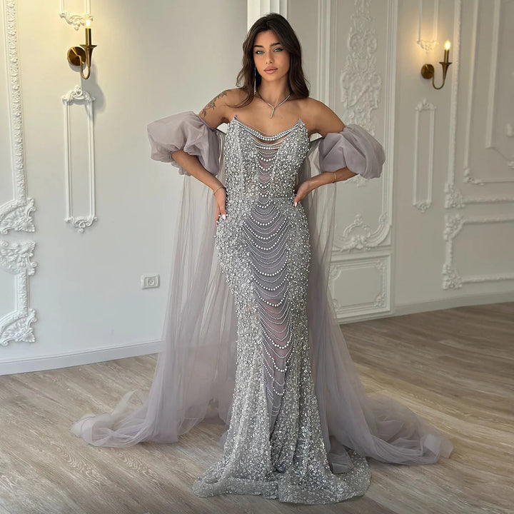 Pearls Purple Mermaid Evening Dress with Cape Sleeves SS289