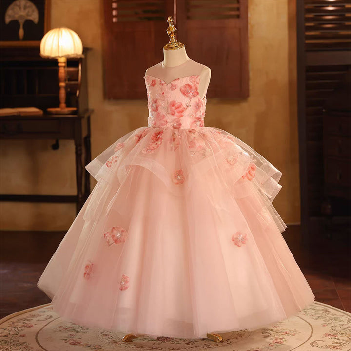 Elegant Pink Pearl Flower Girl Dress for Birthday Pageant D189