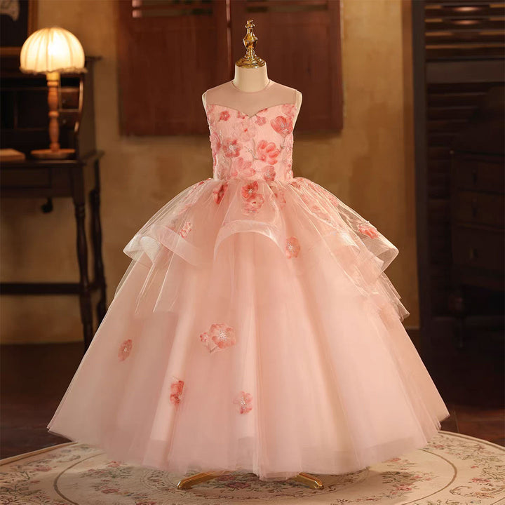 Elegant Pink Pearl Flower Girl Dress for Birthday Pageant D189