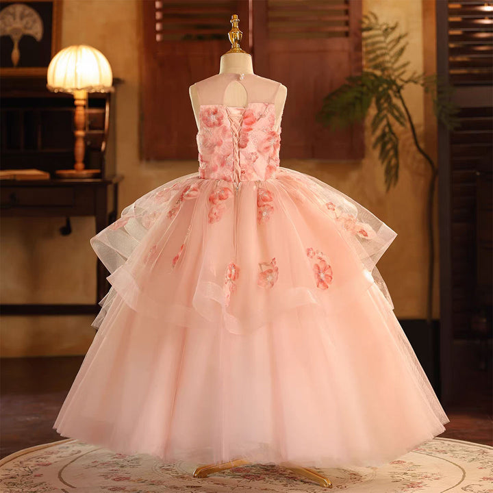 Elegant Pink Pearl Flower Girl Dress for Birthday Pageant D189