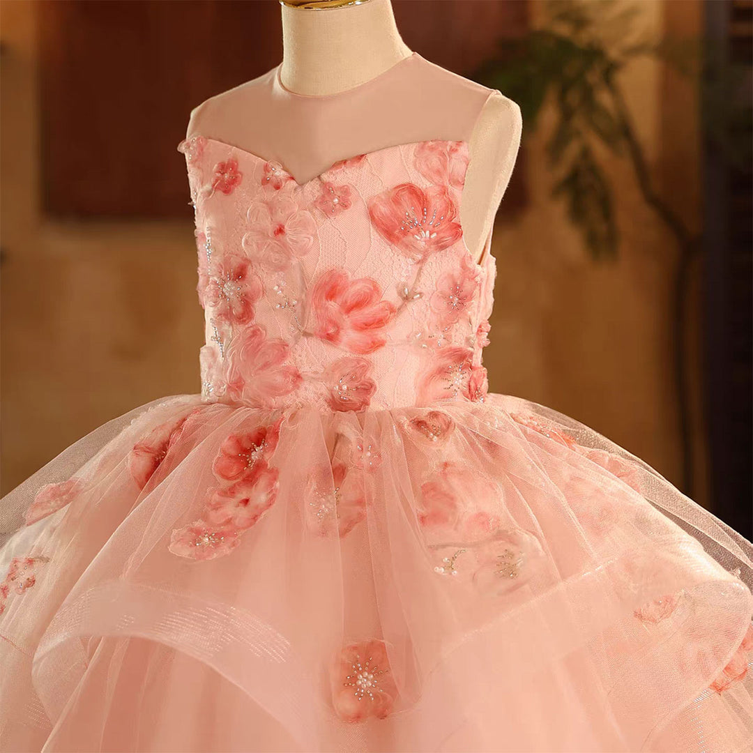 Elegant Pink Pearl Flower Girl Dress for Birthday Pageant D189