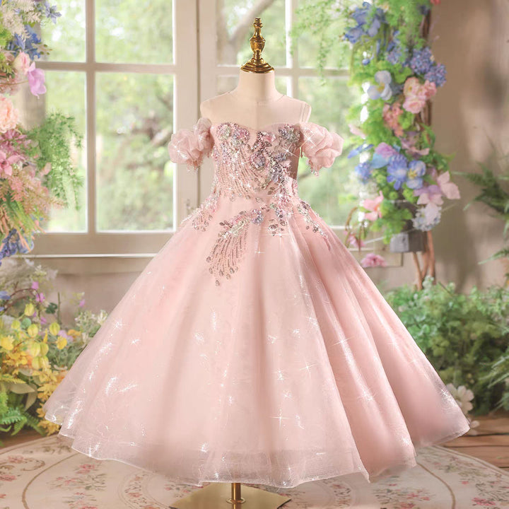 Sparkly Pink Princess Flower Girl Dress with Glitter Tulle Skirt  J608