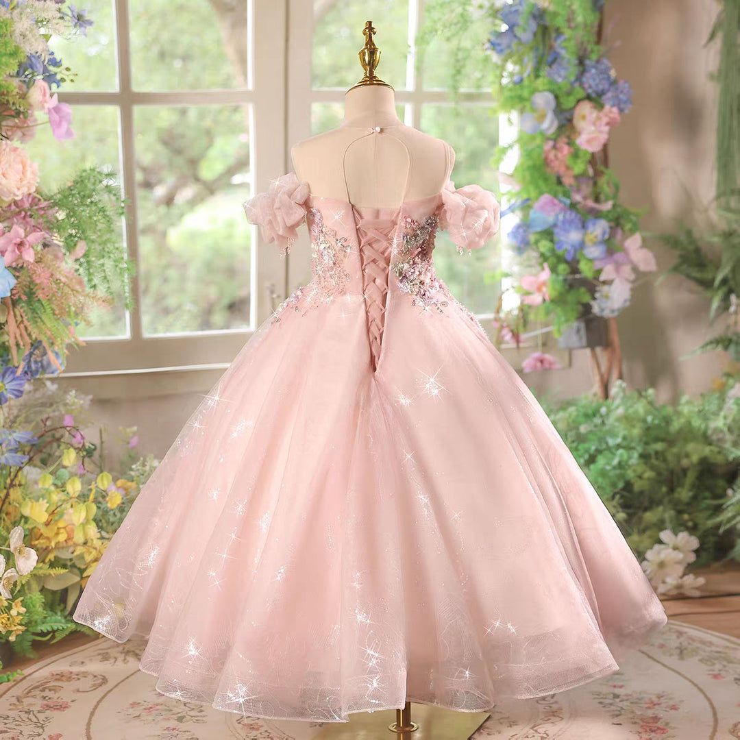 Sparkly Pink Princess Flower Girl Dress with Glitter Tulle Skirt  J608