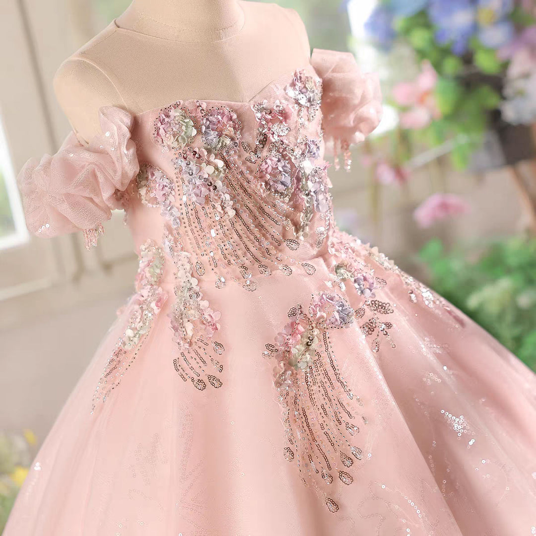 Sparkly Pink Princess Flower Girl Dress with Glitter Tulle Skirt  J608