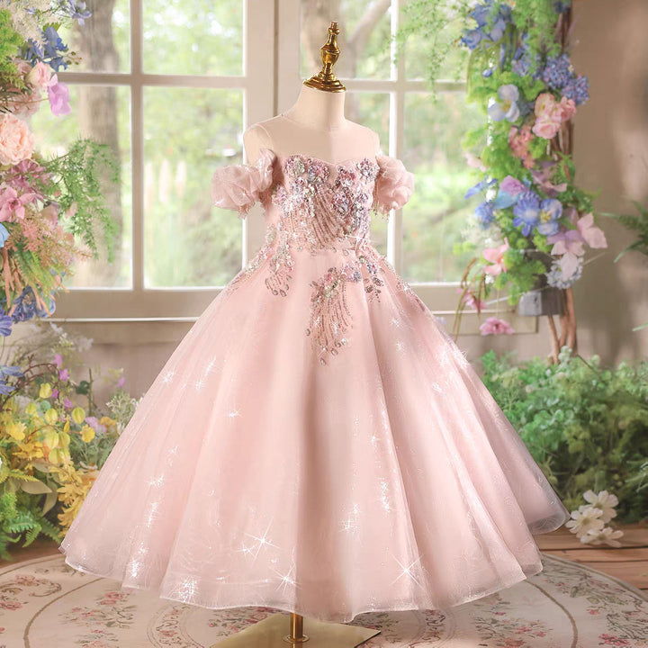 Sparkly Pink Princess Flower Girl Dress with Glitter Tulle Skirt  J608