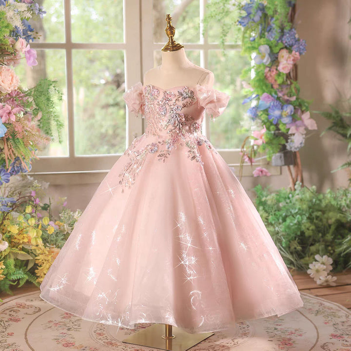 Sparkly Pink Princess Flower Girl Dress with Glitter Tulle Skirt  J608
