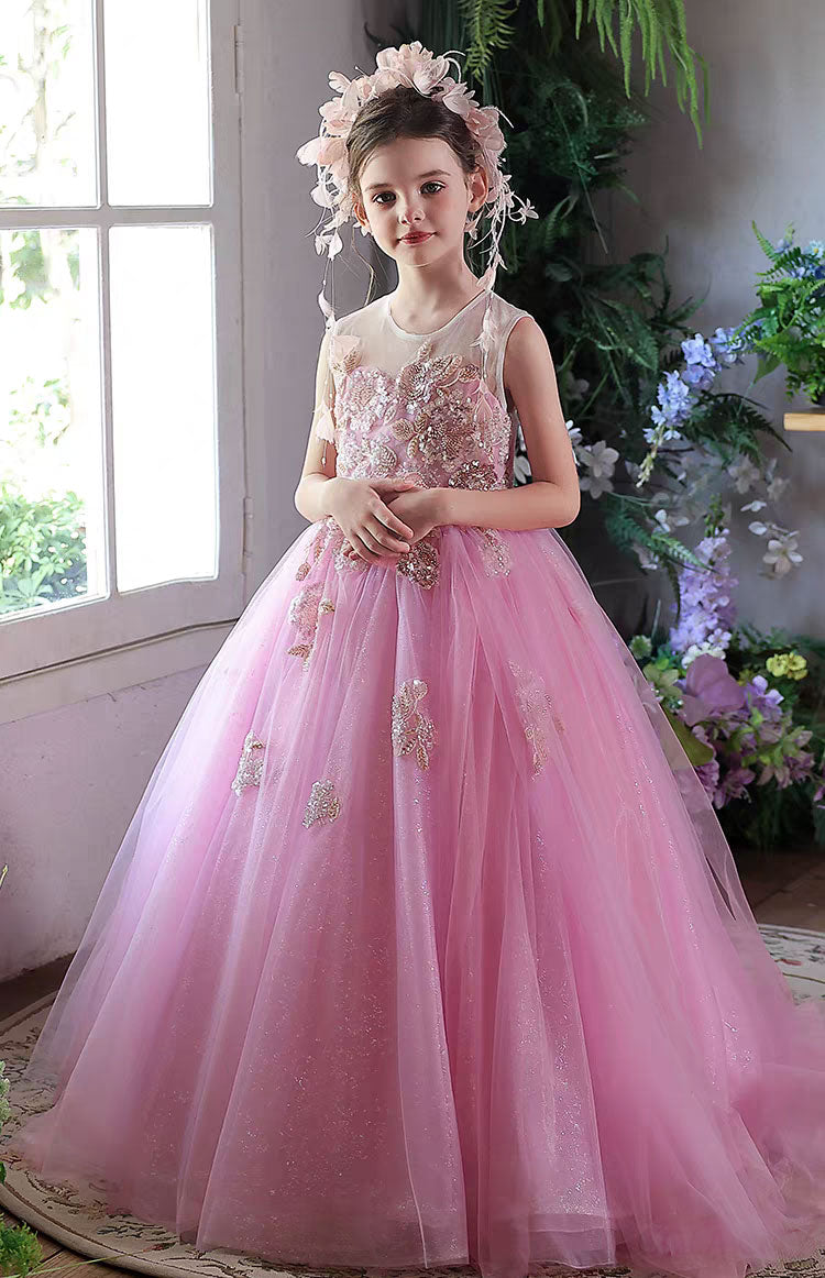 beaded flower girl dress Cinderella Couture C017 A Line 3D Applique Beaded Flower Girl Dress