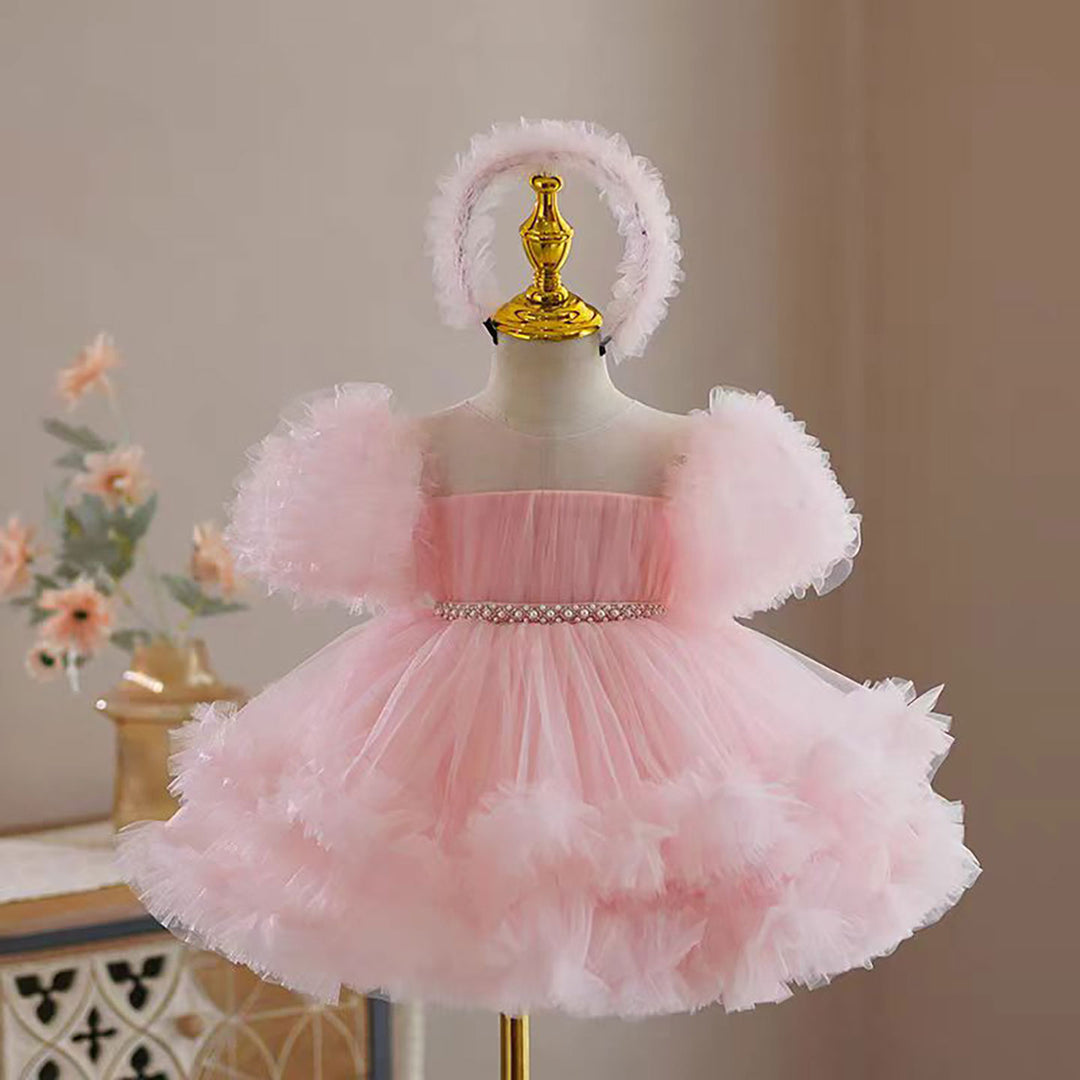 Puff Sleeve Tulle Flower Girl Dress Waist Pearled D077 – DreamyVow