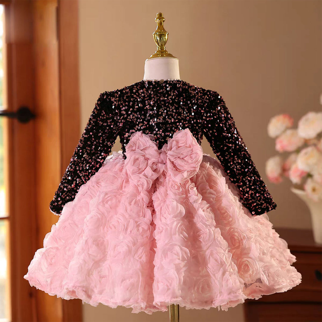 Elegant Long Sleeve Pink Princess Birthday Party Flower Girl Dress J831