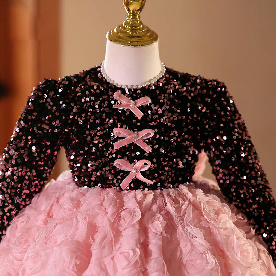Elegant Long Sleeve Pink Princess Birthday Party Flower Girl Dress J831