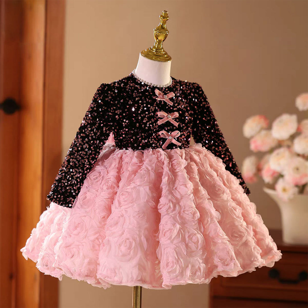 Elegant Long Sleeve Pink Princess Birthday Party Flower Girl Dress J831