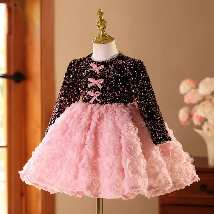 Elegant Long Sleeve Pink Princess Birthday Party Flower Girl Dress J831