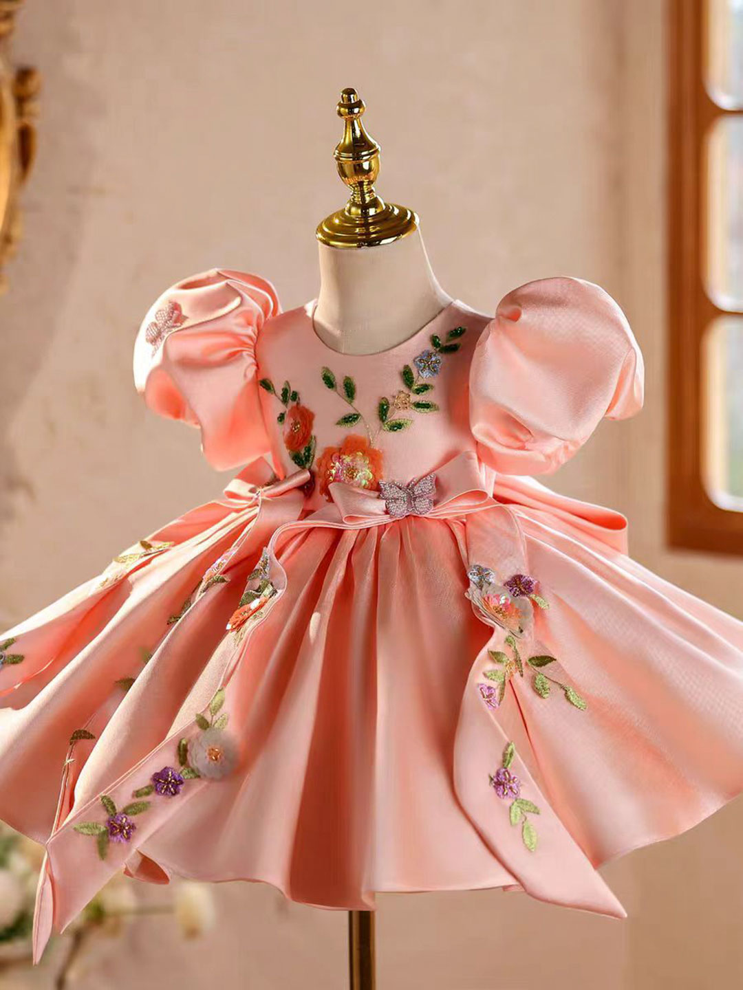 Luxury Pink Satin Pageant Birthday Runway Flower Girl Dress J844