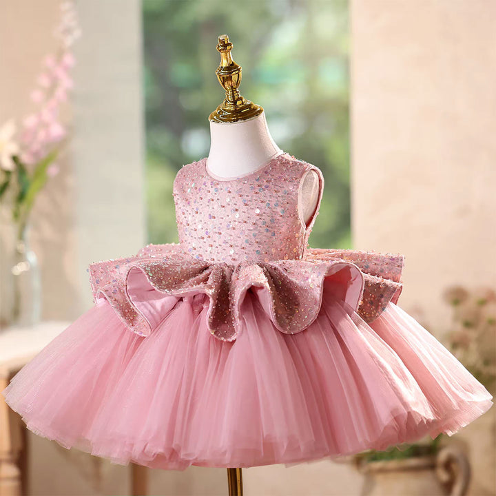 Fairy Pink Birthday Flower Girl Dress with Sequins and Flouncy Layers J577