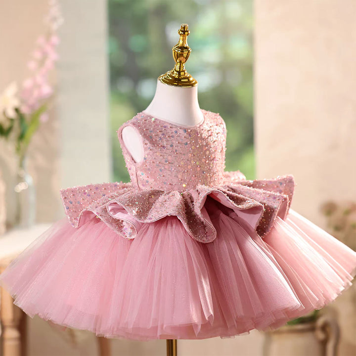 Fairy Pink Birthday Flower Girl Dress with Sequins and Flouncy Layers J577