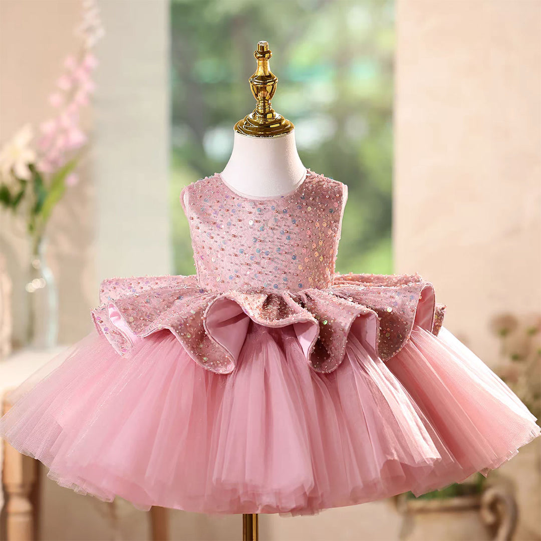 Fairy Pink Birthday Flower Girl Dress with Sequins and Flouncy Layers J577