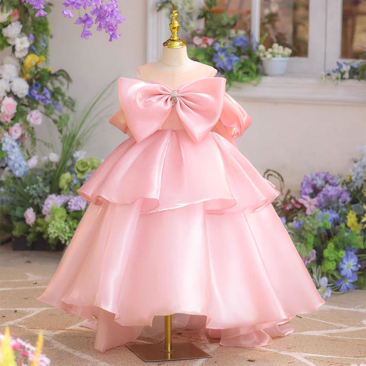 Dreamy Pink Princess Flower Girl Dress with Big Bow Layered Skirt D337