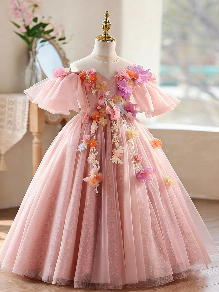 Luxury Pink Tulle Flower Girl Dress with 3D Floral Appliques Off Shoulder Puffy Princess Party Dress D334