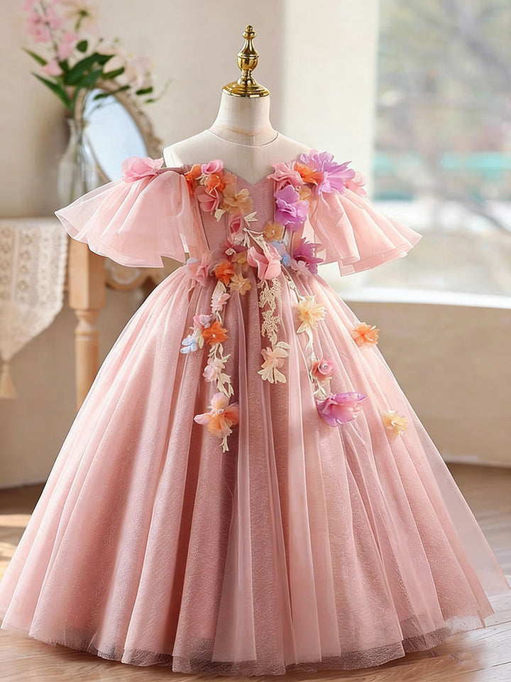 Luxury Pink Tulle Flower Girl Dress with 3D Floral Appliques Off Shoulder Puffy Princess Party Dress D334