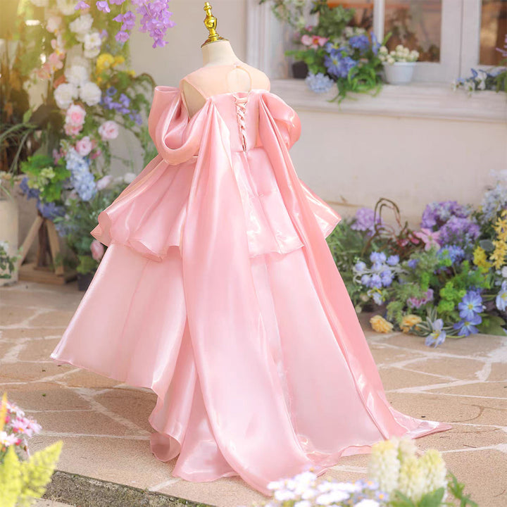Dreamy Pink Princess Flower Girl Dress with Big Bow Layered Skirt D337