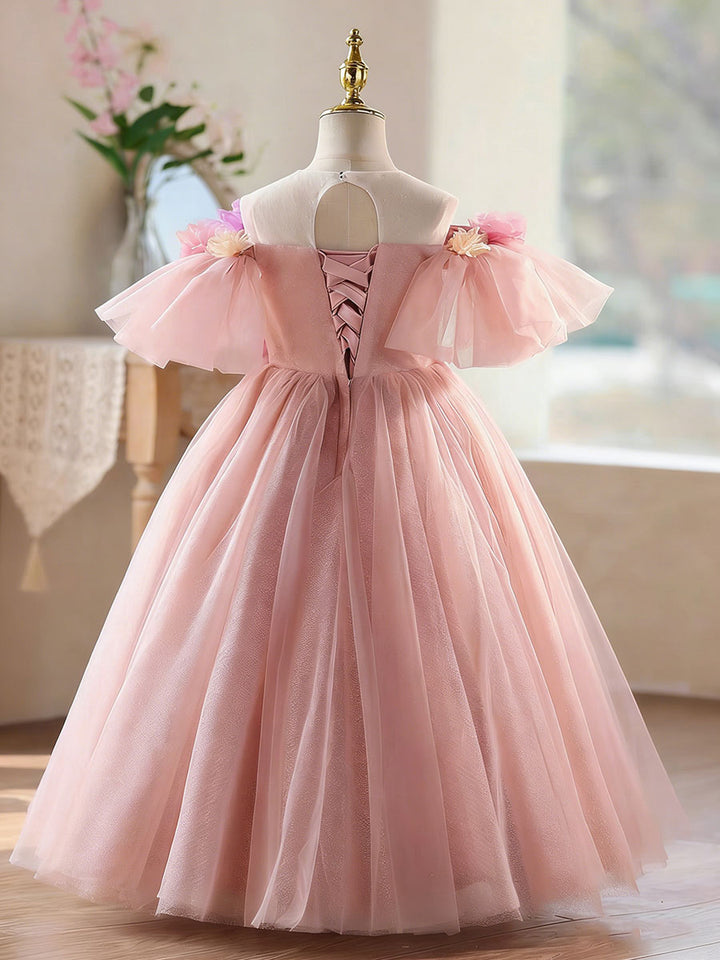 Luxury Pink Tulle Flower Girl Dress with 3D Floral Appliques Off Shoulder Puffy Princess Party Dress D334