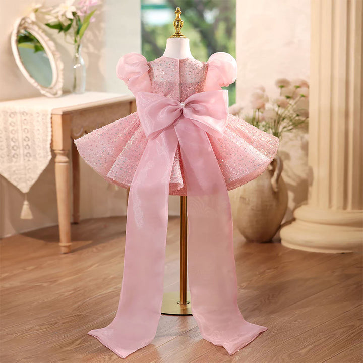 Sparkling Pink Flower Girl Dress with Puffy Sleeves Knee Length D111