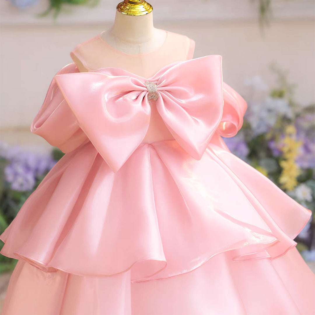 Dreamy Pink Princess Flower Girl Dress with Big Bow Layered Skirt D337