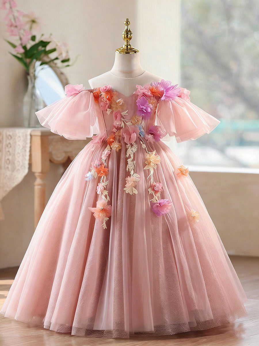 Luxury Pink Tulle Flower Girl Dress with 3D Floral Appliques Off Shoulder Puffy Princess Party Dress D334
