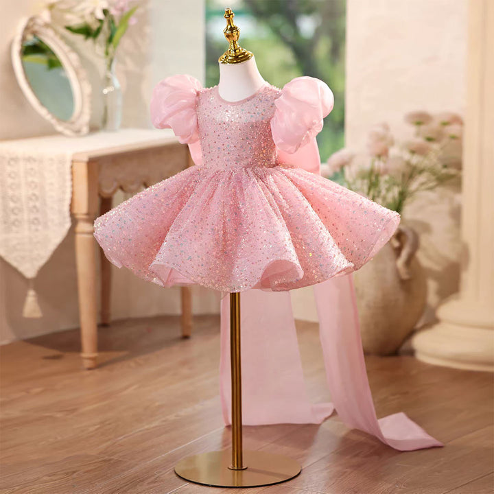 Sparkling Pink Flower Girl Dress with Puffy Sleeves Knee Length D111