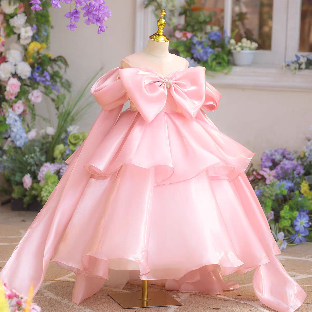 Dreamy Pink Princess Flower Girl Dress with Big Bow Layered Skirt D337