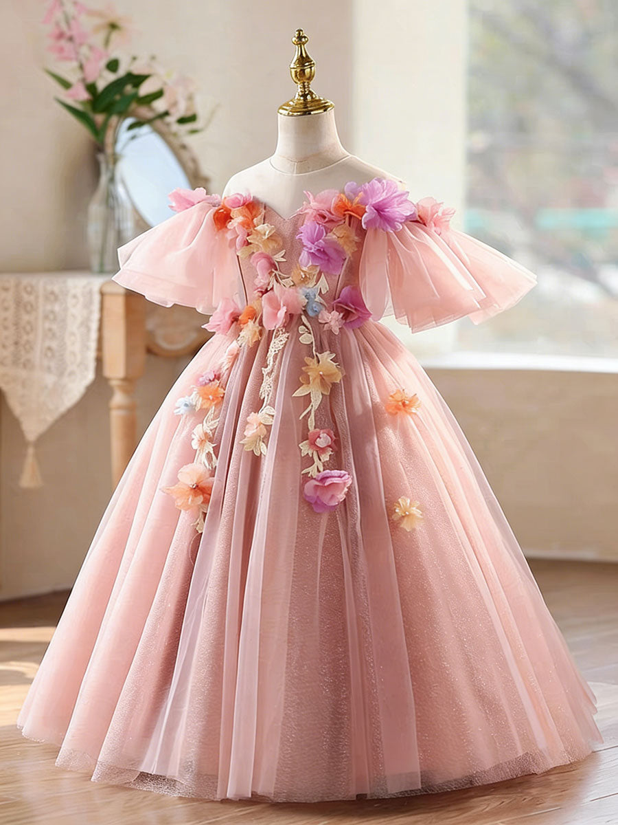 Luxury Pink Tulle Flower Girl Dress with 3D Floral Appliques Off Shoulder Puffy Princess Party Dress D334