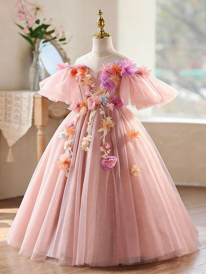 Luxury Pink Tulle Flower Girl Dress with 3D Floral Appliques Off Shoulder Puffy Princess Party Dress D334